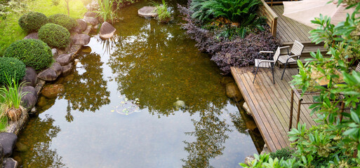 Top view of garden with water