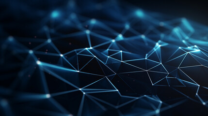 Obraz premium Bright abstract futuristic net background with technology and polygonal shapes on dark blue background. Digital network design concept with light and a 3d minimal illustration for a wallpaper