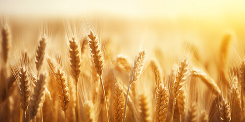 A field with golden wheat spikes at dusk during the golden hour. Background wallpaper with a sense of peace and tranquility, evoking feelings of serenity in the face of abundant sustenance food - obrazy, fototapety, plakaty