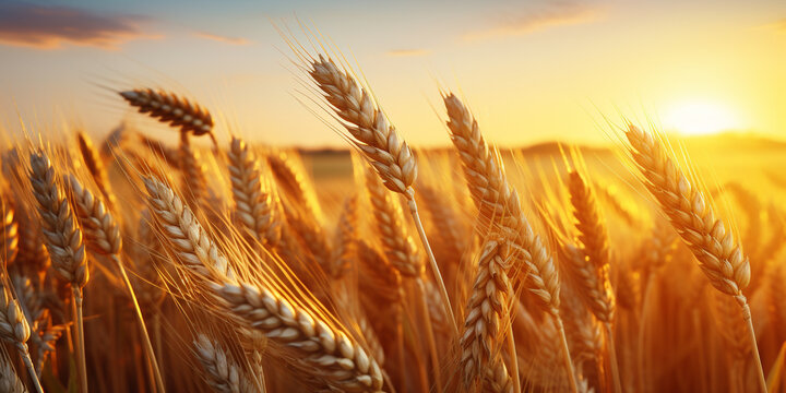 A field with golden wheat spikes to make bread at sunset during the golden hour. Abundant sustenance food for a beautiful wallpaper about agriculture with the sun in the background