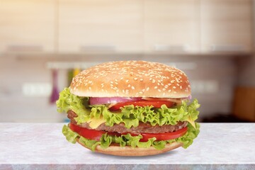 Tasty fresh Hamburger dish on desk