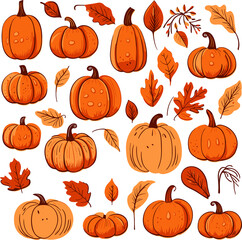 set of hand-drawn pumpkins, part of an Autumn collection, featuring flat style elements isolated on a white background, perfect for banners, websites, and cards