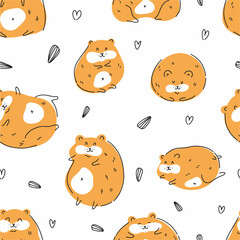 A pattern from a collection of funny hamsters in different poses, hand-drawn in the style of doodles.