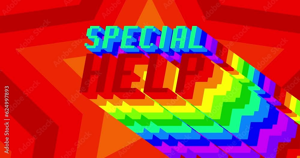 Poster special help. 4k animated word with long layered multicolored shadow with the colors of a rainbow on
