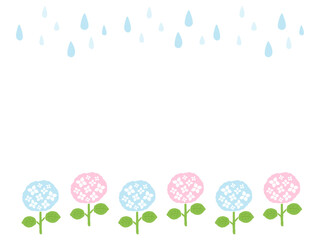 かわいい夏の紫陽花と雨のフレーム／手書きイラスト