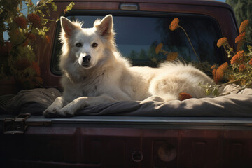 A dog in a truck bed