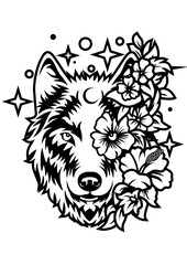 Fototapeta premium Wolf head with flowers vector line art black white illustration
