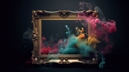 Gold Victorian Frame with Colorful Gas, Black Background, Illustration, Graphic Texture