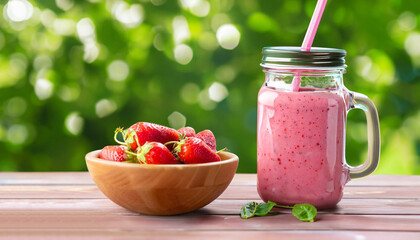 strawberry smoothie in jar and fresh ripe berries in bowl on wooden table with green natural bokeh on the background. Pink milkshake. Healthy summer drink concept
