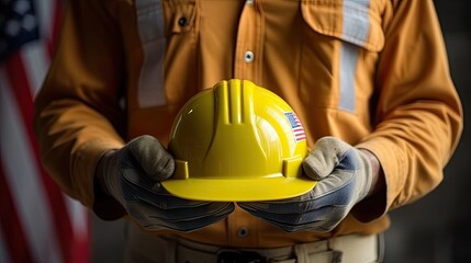 Construction site labor holding a yellow safety helmet - obrazy, fototapety, plakaty