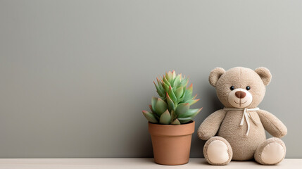 Cute teddy bear doll on the table flat lay minimalist background