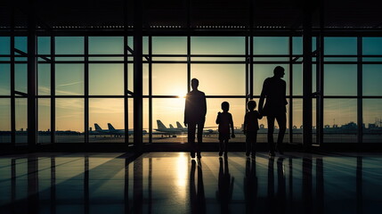 Family travelling with young child walking to departure gate,  silhouette of people, travel concept