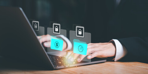 Auditor worker working with document folder ,Management of important document storage of organization ,ERP document system ,quality assessment management With a checklist ,online document database