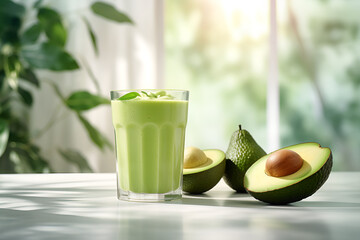 Refreshing Avocado Elixir: Fruit Juice Glass on a Well-Lit Textured Table with Blurred Avocado Background