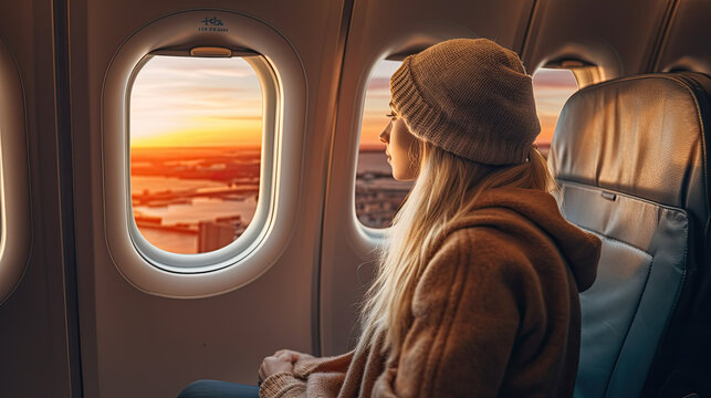 Young woman looking out through window of the airplane during beautiful sunrise. Digital nomad changes country of residence
