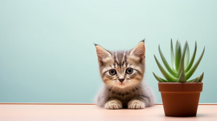Cute cat with succulent in the table flat lay minimalist background