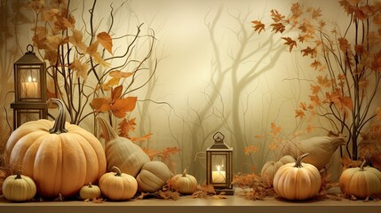 Halloween pumpkin head Jack O' Lanterns still life Background. Autumn decoration over interior design scene. AI illustration.