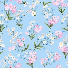 Seamless pattern of myosotis or forget-me-not. Summer, cute little flowers. Floral background. AI illustration for packaging, wrapping paper, wedding invitations, greeting cards, textile, web.