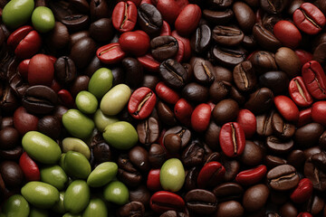 A mix of red, green and black coffee beans