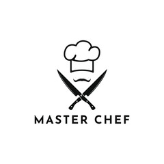 Chef logo design creative idea with hat, mustache and knife crossed