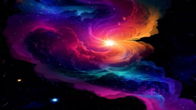 Watercolor animation of colorful space galaxy nebula clouds. Starry night cosmos. Beautiful night fantasy background with colorful aurora sky.