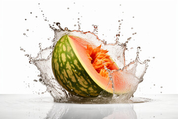 open melon with water splash on white background