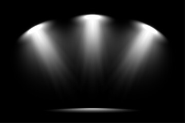 A vector spotlight shining on a scene with beams of light. The spotlight shines on the stage. Light from a lamp or spotlight. lighted scene. Design for presentation your product. Vector illustration.