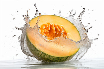 open melon with water splash on white background - obrazy, fototapety, plakaty
