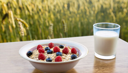 oatmeal with berries in bowl and glass of vegan oat milk on table over against ripe cereal field on the background. Healthy breakfast concept