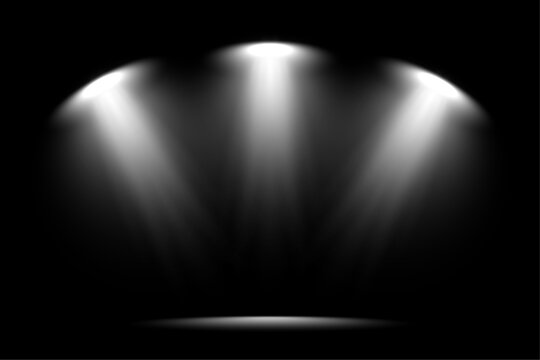 A vector spotlight shining on a scene with beams of light. The spotlight shines on the stage. Light from a lamp or spotlight. lighted scene. Design for presentation your product. Vector illustration.