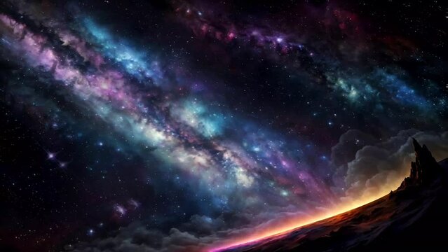 Colorful Starry Space Galaxy Loop Animation. Starry night cosmos. Beautiful night fantasy background with Milky Way in the sky.