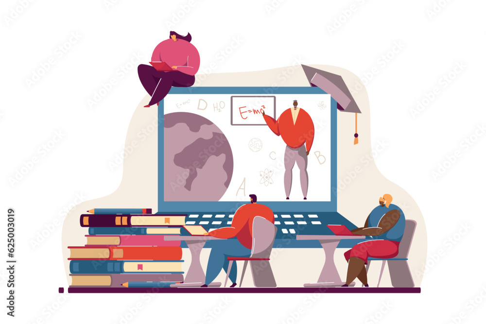 Poster tiny students listening to online lecture vector illustration. children studying in front of compute