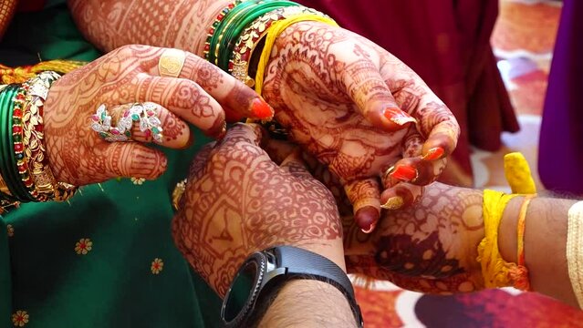 hands of the bride and groom in Ceremony withTurmeric Thread. Hindu wedding ritual. Marathi Wedding.	