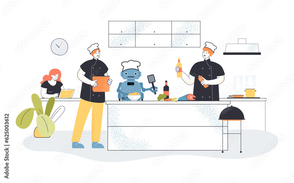 Poster programmer teaching comic robot recipes vector illustration. cartoon drawing of happy chefs and robo