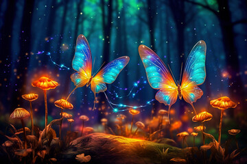 Fantasy fairy tale background with forest and neon butterflies in the night. Fabulous fairytale outdoor garden and moonlight background.