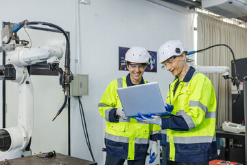 Two man technician engineer using laptop control automation robotics at industrial modern factory. Team worker checking automation robot at factory innovation.