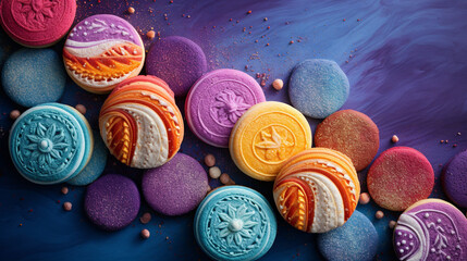 Rainbow Themed Sugar Cookies in Vibrant Hombre Hues Against Colorful Pastel Backgrounds with Whimsical Decorations and Studio Lighting - Generative AI