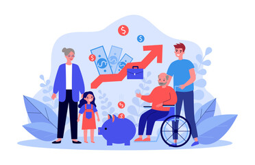 Happy elderly man with family and piggybank vector illustration. Cartoon drawing of old man on wheelchair with savings planning budget. Retirement, financial management, investment, finances concept