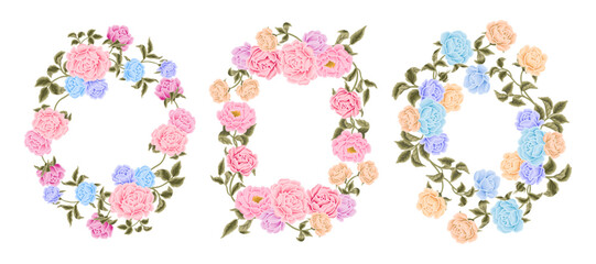 Flower frame and wreath illustration arrangements with colorful rose, peony, floral bud, and green leaf branch elements for wedding card, invitation, decoration