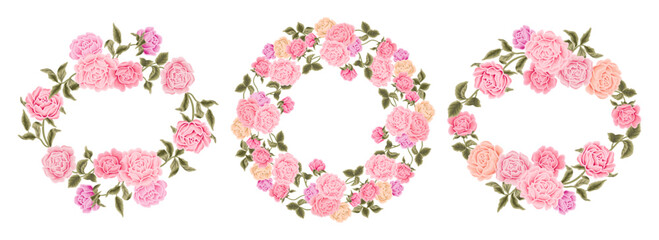 Flower frame and wreath illustration arrangements with colorful rose, peony, floral bud, and green leaf branch elements for wedding card, invitation, decoration