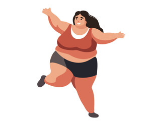 Happy fat woman doing exercises, going in for sports, vector illustration
