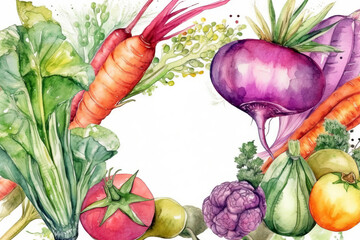 Illustration of watercolor of  vegetables wreath and frame, watercolor illustration.