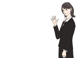 ハンドサイン 手を振るスーツ姿のビジネスウーマン女性のイラスト 上半身横向き