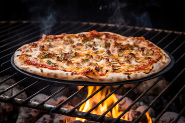 pizza on grill black background