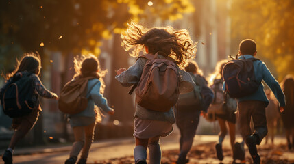 kids with backpacks running to the school. Generative AI