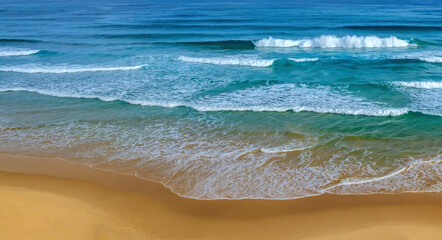 Gentle blue waves gracefully roll onto a golden yellow sand beach, creating a captivating travel background