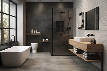 Modern Italian interior design bathroom. Created with Generative AI.