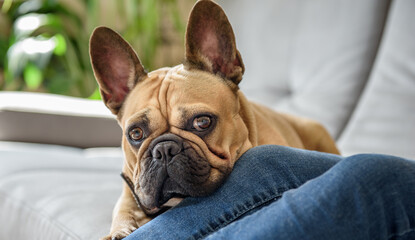 brown french bulldog lies on the couch near the legs of his owners