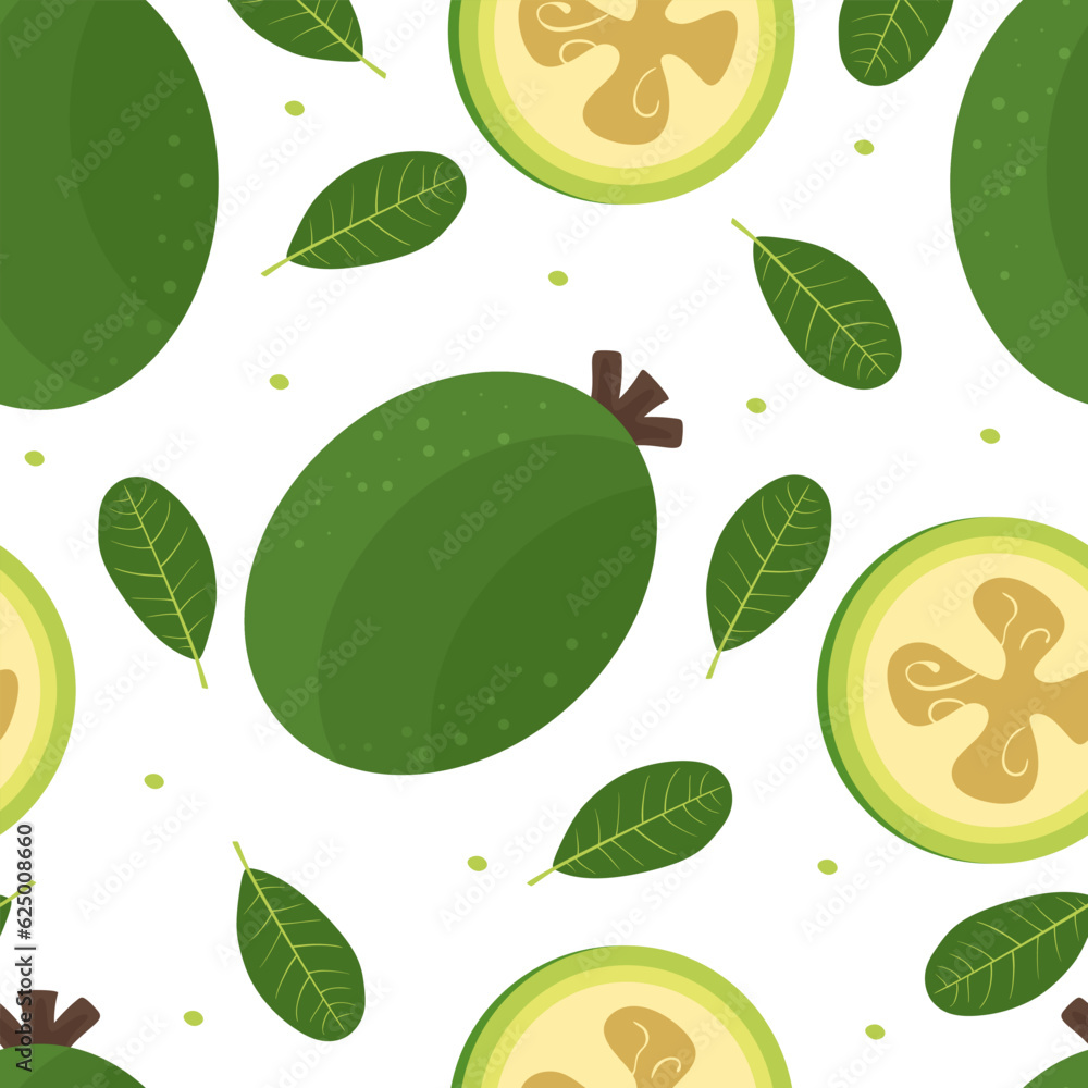 Poster feijoa seamless pattern. feijoa pulp whole and half with leaf, repeated vector texture on white back