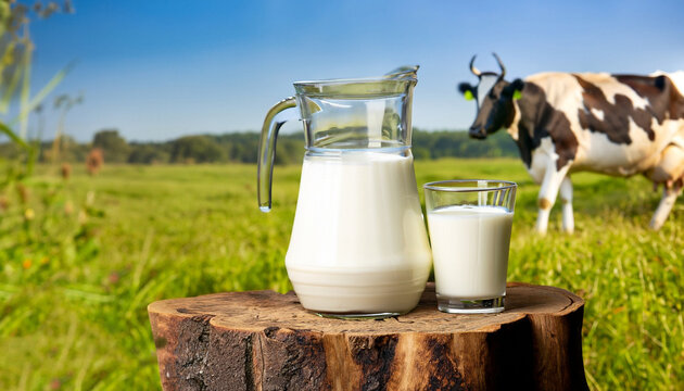 milk in glass and jug on wooden stump with grazing cow on the meadow as background